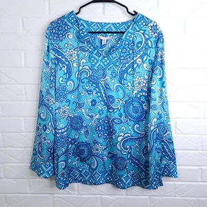 St John Blue Paisley Floral Print Silk V-Neck Popover Tunic Resort Style Top M - Picture 1 of 7