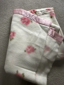 VTG Fieldcrest Blanket VGC unused no pkg Pink flowers Satin Edge 85x70 Bedspread - Picture 1 of 8