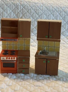 Vintage Lundby Sweden Kitchen Set Up Cabinets~ Stove~Sink MCM For Dollhouse - Picture 1 of 7