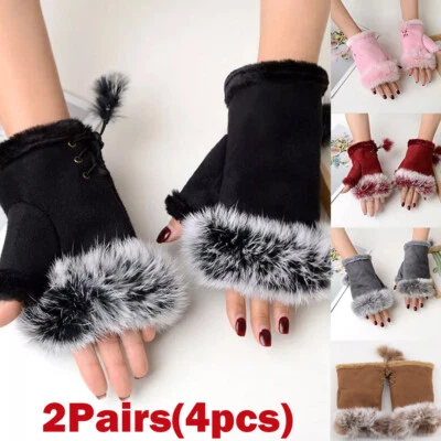 2 pares de guantes de invierno de imitación de cuero sin dedos mano muñeca cálida piel de conejo Foto 1 de 4