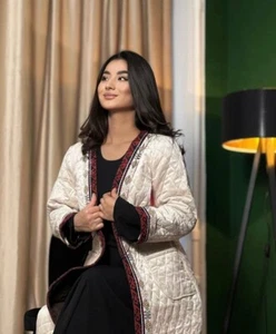 Kazakh National Ethno Shapan Costume Kyrgyz Jacket for Women Dress Shirt Beige - Picture 1 of 3