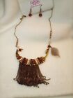 Fancy Rosario Holguin Necklace and Earring Set.  Gold Tone Feather, Glass Beads