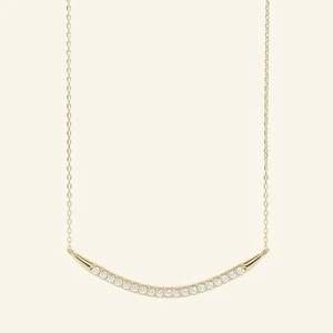9K Solid Gold Bar Pave Diamond Necklace/Curved Bar Diamond Necklace 0.18ct - Picture 1 of 10