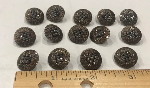 Vintage 5/8" Cut Steel Shank Buttons Match Set/14 Gold Background Square Center Cover