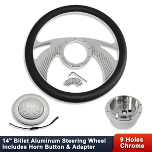 Chrome Aluminum 14" Wings Steering Wheel w/ 9 Holes Adapter & Flame Horn Button - Picture 1 of 7