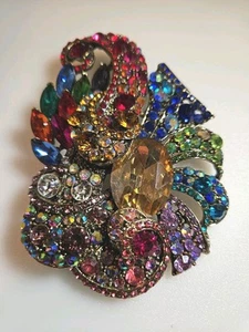 Vintage BÄNDER BROSCHE ANSTECKNADEL Farben des Regenbogens schöne KRISTALLE 3-1/4" x 4-1/2" - Bild 1 von 14