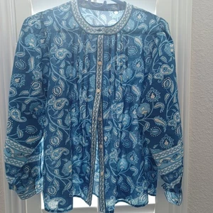 J.McLaughlin Shirt Women’s Blue Cream Geometric Print Button Front 100% Cotton M - Picture 1 of 3