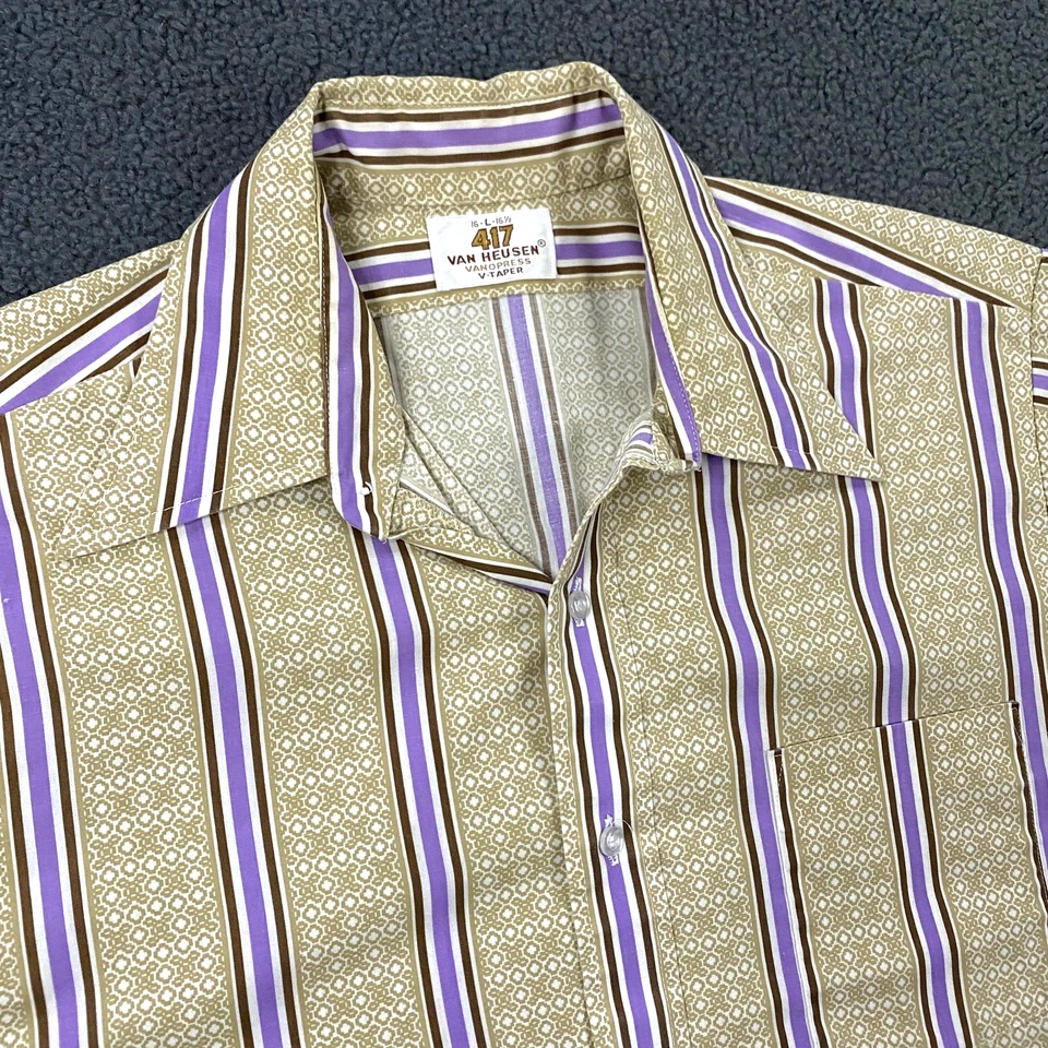 VTG Van Heusen Shirt Mens Large Dagger Collar Stripe Vanopress V Taper 70s Disco - Image 1 of 4