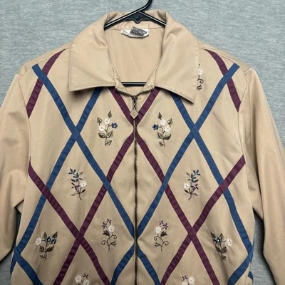 Chaqueta Vintage Bordada Floral Patrón Argyle Cremallera Abuela Núcleo Mujer Mediana Foto 1 de 4
