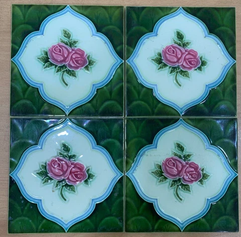 JAPAN 4 PCS MAJOLICA TILES GREEN RARE VINTAGE ANTIQUE CERAMIC COLLECTIBLE 1930S Cover