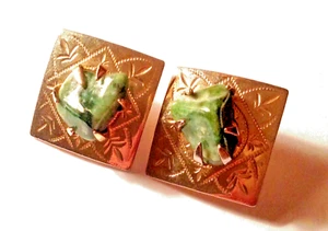 CORO Earrings Nephrite Green Jade Nugget Brite Cut Etch Clip On Vintage Jewelry - Picture 1 of 5
