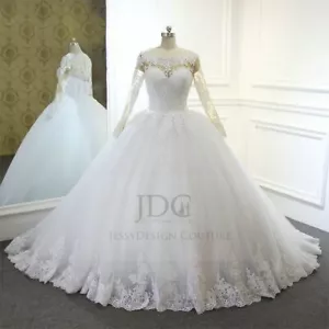 Prinzessin Spitze Brautkleid Ballkleid Langarm Weiß n.Maß Gr.32-46 Perlen Knöpfe - Bild 1 von 7