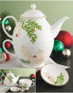 MERRY & BRIGHT by LENOX Tea Pot Set Leaf Design bone china Indonesia NEW IN BOX - Picture 1 of 10