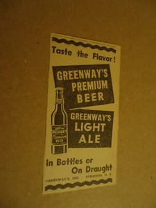 Greenway's Beer & ale 1943 newsprint ad Syracuse NY - Picture 1 of 1