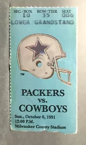 Packers Cowboys 10/6/1991 TKT Stub Aikman TD Pass, Sharpe TD Cowboy win 20-17 - Picture 1 of 2