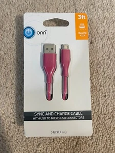 Pink USB To Micro-USB Connectors Sync & Charging Cable 3ft Onn Transfer Data - Picture 1 of 16