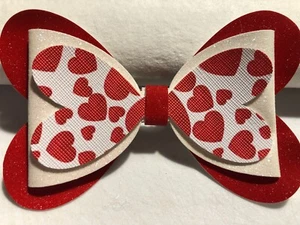VALENTINE LOVE HEART HAIR BOW WITH HEARTS, RED AND WHITE, 4.5" X 3" HOMEMADE - Picture 1 of 4