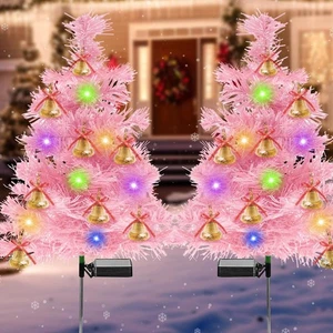 2 Pack Solar Pink Christmas Tree With Lights & Bells - 40cm Tall - Outdoor Xmas - Picture 1 of 7