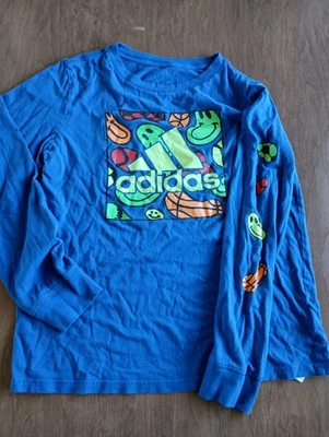 Adidas Boys Blue Smiley Graphic Long Sleeve Shirt Size Large 14/16 - Image 1 of 4
