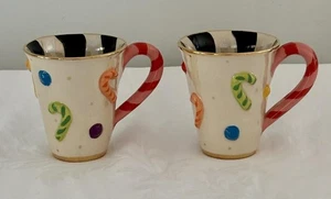 2 Mary Rose Young 2022 Candy Cane Christmas Holiday Mugs 4.5" Handmade Signed - Picture 1 of 8