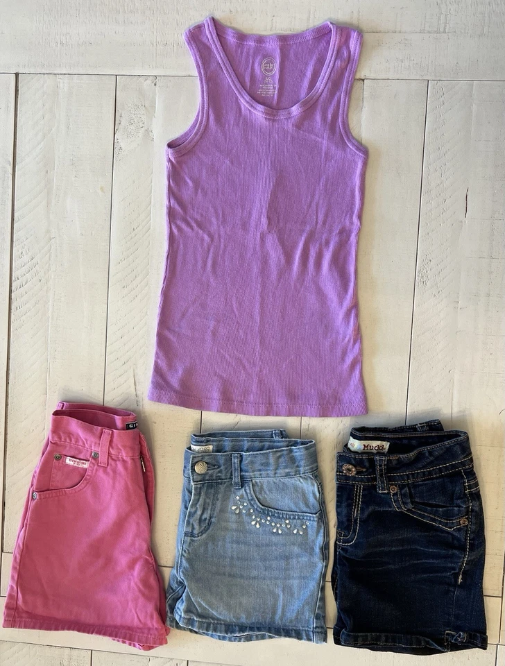 Pantalones cortos de jean 4 piezas para niñas y niños talla 10 con camiseta sin mangas púrpura talla 10/12 Foto 1 de 4