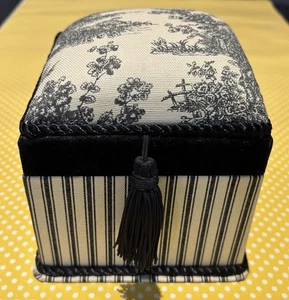 Vtg Fabric Toile Square Box,  Jewelry Box Black & Cream Tassel Trim Padded Top - Picture 1 of 7