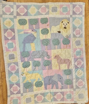 Colcha de retalhos vintage feita à mão bebê menina/bebê menino animais de safári elefante - Imagem 1 de 4