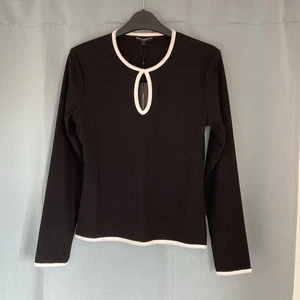 French Connection women’s UK S black long sleeve ribbed top ecru trim keyhole ne - Picture 1 of 7
