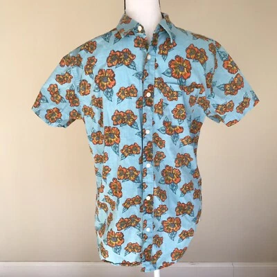 Camisa Hang Ten azul havaiana botão estampa reversa laranja hibisco tropical pequena - Imagem 1 de 4