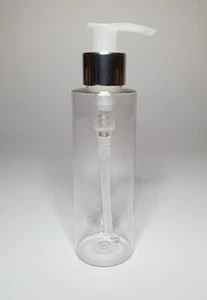 100ml PET Plastic Clear Cylindrical Bottles & Shiny Silver/Natural Lotion Pump - Picture 1 of 1
