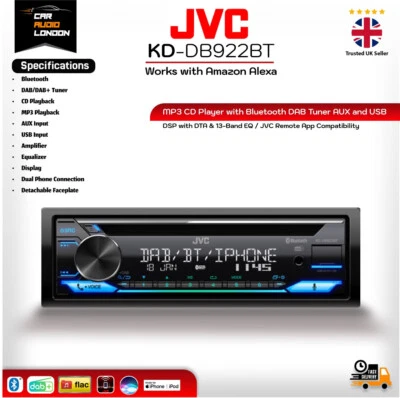 JVC KD-DB922BT 1-DIN Car Stereo, DAB+, Bluetooth, Amazon Alexa Ready, CD,USB/AUX - Image 1 of 4