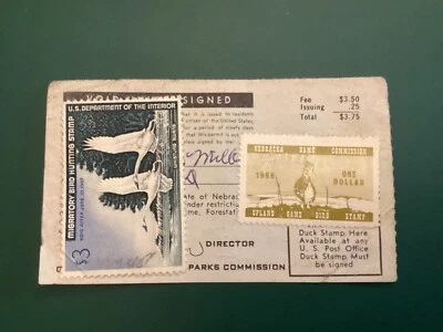 ICOLLECTZONE US RW33 Duck stamp 1966 & Nebraska Hunting stamp on license bright - Image 1 of 2