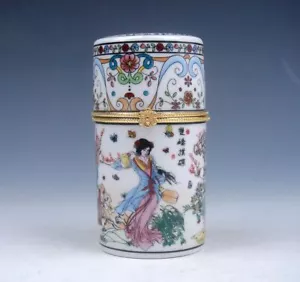 Famille-Rose Palace Lady Butterfly Painted Porcelain Toothpick Holder #071421B3 - Picture 1 of 6