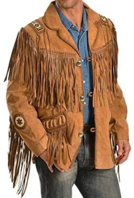Men's Native American Western Cowboy Suede Leather Jacket Fringes & Beaded - Image 1 of 4