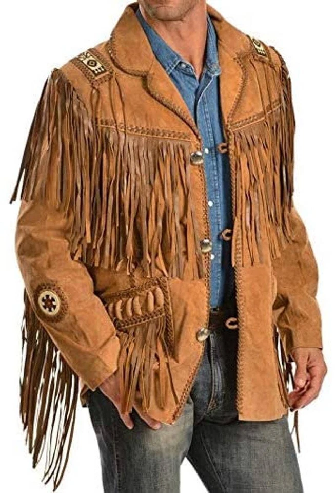 Men's Native American Western Cowboy Suede Leather Jacket Fringes & Beaded - Image 1 of 4
