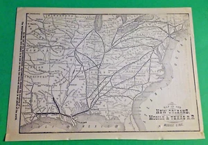 Rare 1876 NEW ORLEANS, MOBILE & TEXAS Railroad Line Print Map - Picture 1 of 7