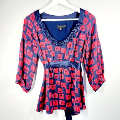Ted Baker Silk Top Blouse Size 2 UK 10 Navy Red 3/4 Sleeves Belted - Image 1 of 4
