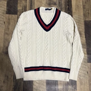 Polo Ralph Lauren Pullover Zopfmuster V-Ausschnitt rot gestreift Baumwolle Kaschmir M - Bild 1 von 6