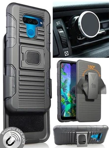 Black Rugged Grip Case Stand + Belt Clip + Magnetic Car Mount for LG K50, Q60 - Picture 1 of 11