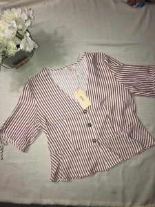 PEACH Sz L Top Button Front Peplum Short Sleeve Blouse Shirt - Picture 1 of 8
