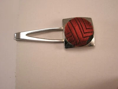 1-11/16" Black Stitched Red Fabric Cloth Silver Tone Vintage SMALL Tie Bar Clip - Image 1 of 4