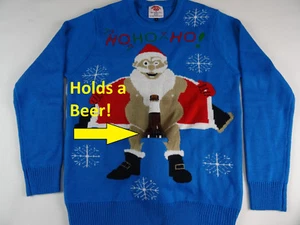 Men's Ugly Christmas Sweater Holds a Beer Holder Santa Flashing Holiday New - Picture 1 of 3