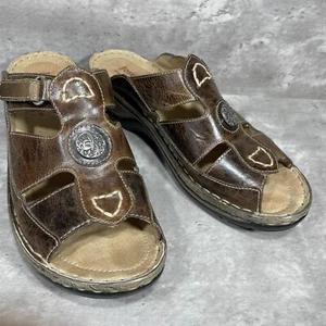 Josef Seibel Brown Leather Open Toe Wedge Heel Women's Slides Hook & Loop Sz 9.5 - Picture 1 of 14
