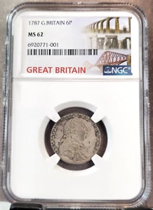 1787 GREAT BRITAIN 6 PENCE KING GEORGE III NGC MS 62 RARE MINT STATE - Picture 1 of 3