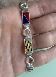 DESIGNER STERLING SILVER AND ENAMEL INLAY NAUTICAL SEA SIGNAL FLAGS BRACELET - Picture 1 of 3