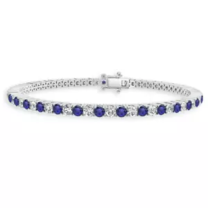 3.25ct F/SI 100% Natural Sapphire & Diamond Tennis Bracelet, 18k White Gold - Picture 1 of 5