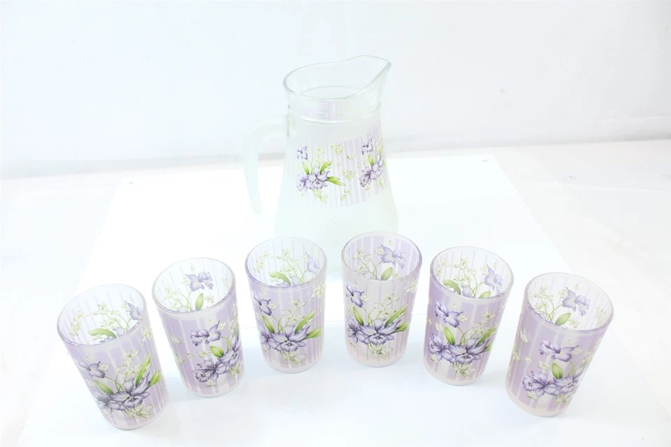 Винтажный Briliant лимонад новом Julep набор кувшин с 6 стаканов лаванды ирисы - Изображение 1 из 4