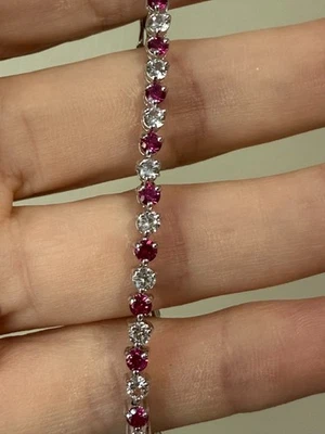 Stunning Lab Created Ruby & Round CZ Classic Tennis Style 925 Silver Bracelet 7" - Image 1 of 4