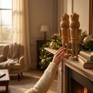 Holiday Time Christmas Mantel Nutcrackers Natural Wood Set of Two New 2025 - Picture 1 of 2