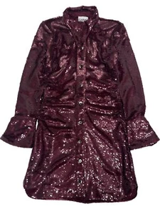 GANNI Sequin Shirt Dress Flare Cuff Mini Dress Burgundy Red EU34 UK6 RRP465 BNWT